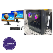 Load image into Gallery viewer, BLACK CUSTOM ANTEC GAMING Refurbished GRADE A Dual Desktop PC Set (20-24" Monitor + Keyboard and Mouse Accessories): Intel i5-10400 @ 3.4 Ghz  NVIDIA 1080 8GB RGB BUILD| 16GB Ram| 256GB SSD 1 TB HDD|WIN 11 PRO|Arise Work from Home Ready