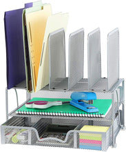 Load image into Gallery viewer, Mesh Desk Organizer with Sliding Drawer, Double Tray and 5 Upright Sections
