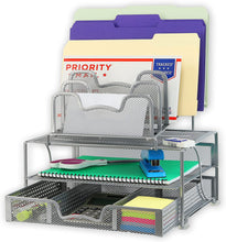 Load image into Gallery viewer, Mesh Desk Organizer with Sliding Drawer, Double Tray and 5 Stacking Sorter Sections