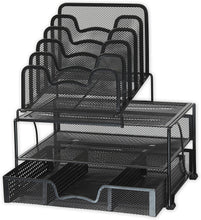 Load image into Gallery viewer, Mesh Desk Organizer with Sliding Drawer, Double Tray and 5 Stacking Sorter Sections
