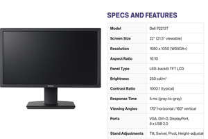 Dell P2213T GRADE A 22" Landscape Black and Silver/Grey  LCD Monitor Renewed