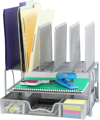 Mesh Desk Organizer with Sliding Drawer, Double Tray and 5 Upright Sections