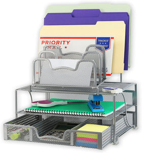 Mesh Desk Organizer with Sliding Drawer, Double Tray and 5 Stacking Sorter Sections