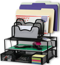 Load image into Gallery viewer, Mesh Desk Organizer with Sliding Drawer, Double Tray and 5 Stacking Sorter Sections