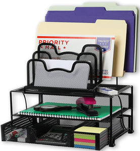 Mesh Desk Organizer with Sliding Drawer, Double Tray and 5 Stacking Sorter Sections