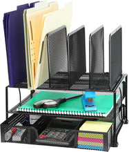 Load image into Gallery viewer, Mesh Desk Organizer with Sliding Drawer, Double Tray and 5 Upright Sections