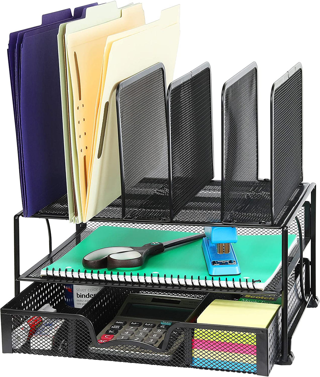 Mesh Desk Organizer with Sliding Drawer, Double Tray and 5 Upright Sections